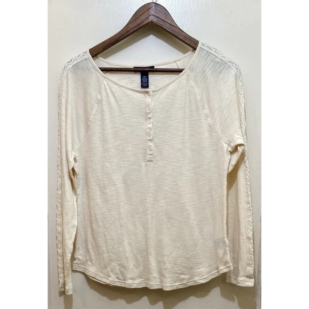 Chaps Womens Henley Shirt‎ L Ivory Lace Trim Long Sleeve Boho Soft Girl Cottage